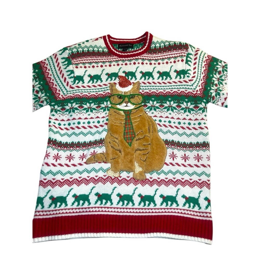 Blizzard Bay 3D Cat Ugly Christmas Sweater Green Red White Size M